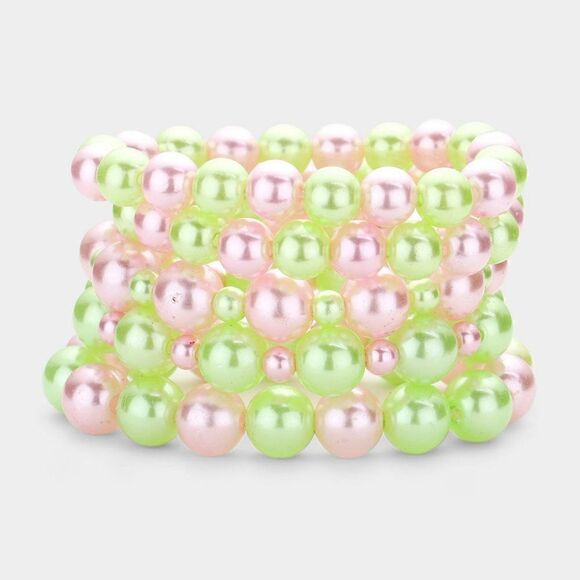 5 Piece Pink & Green Pearl Stretch Layered Bracelets - Picture 1 of 6